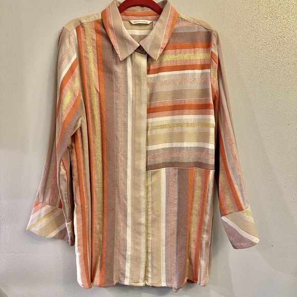 Soft Surroundings Maddalena‎ Metallic Striped Button Down Shirt in Size XL - Picture 10 of 16
